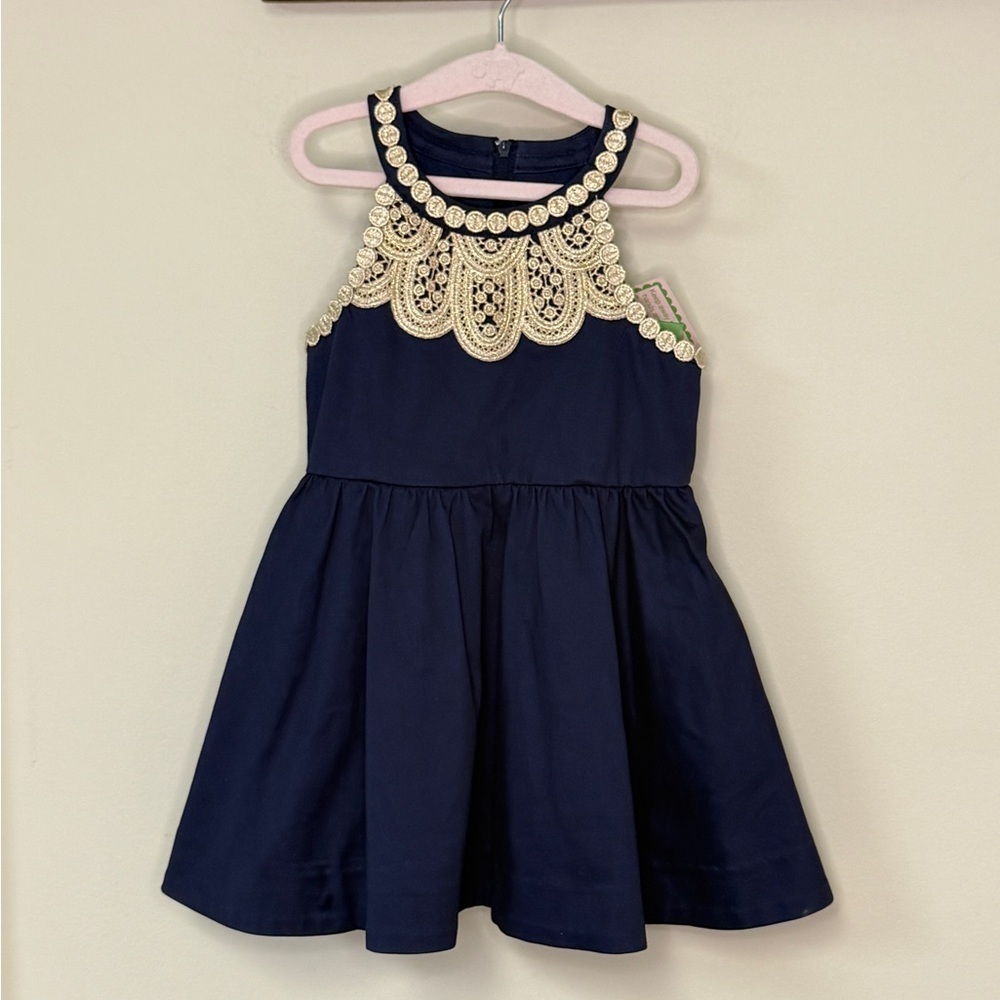 Lilly Pulitzer: Girls Little Kinley Dress, True Navy / Gold, Size 3